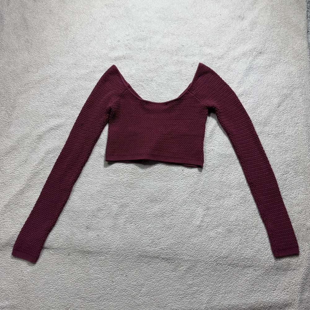 FP‎ Beach Sweater Womens XS Burgundy Long Sleeve Knit Crop Pullover Boho Stretch - Picture 8 of 14